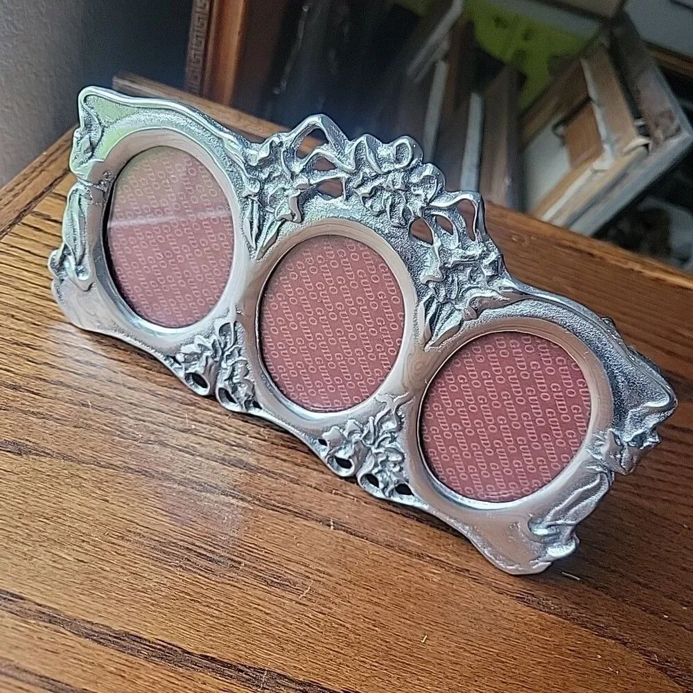 Vtg Art Nouveau Style Photo Frame Flowers 3 Oval Pictures Silver Cast Metal